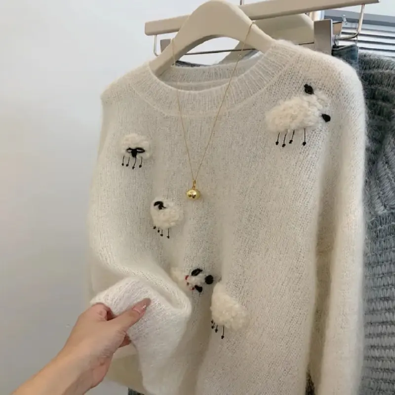 White Casual Sweater For Women 2025 New Long Sleeved O-Neck Warm Knit Pullovers Autumn Winter Korean Cute Animals Woolen Tops |